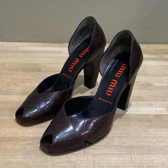 Miu Miu Leather Brown Chunky High Heel 8 Peep Toe Vintage Style Shoes EUR 38 EUC - Picture 3 of 9